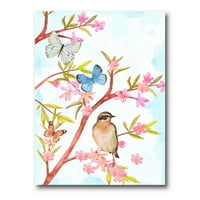 Умна птица седи на клон на пролетно дърво с пеперуди живопис платно изкуство печат
