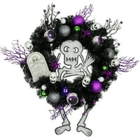 Лилаво и черно призрачен скелет Бор Хелоуин венец неосветен
