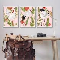 Ступел индустрии Крейн птица розови Ботаника графично изкуство бяла рамка изкуство печат стена изкуство,