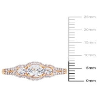 1-Каратов Т. Г. в. бял сапфир и Каратов Т. в. диамант 10кт Розово злато Трикален годежен пръстен с ореол