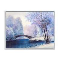 Дизайнарт 'мост на криволичеща река със зимни пейзажи' езеро къща рамкирани платно стена арт принт