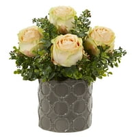 11 рози и евкалипт изкуствено подреждане в дизайнерска ваза