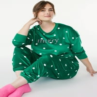 Джойспун Дамски разтегателен Велур пижама комплект с чорап, комплект от 3 части, размери с до 3х