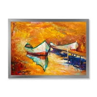 Малка лодка по време на топла и оранжева вечер рамка живопис платно изкуство печат
