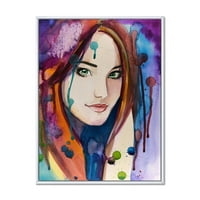 Дизайнарт 'Цветен Портрет На Зелени Очи Млада Жена' Традиционна Рамка Платно За Стена Арт Принт