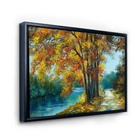 Абстрактни Дървета В Топли Есенни Цветове От Ярко Синьо Река Рамкирани Живопис Платно Изкуство Печат