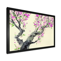 Дизайнарт 'Японското Дърво С Лилави Цветя' Традиционна Рамка Арт Принт